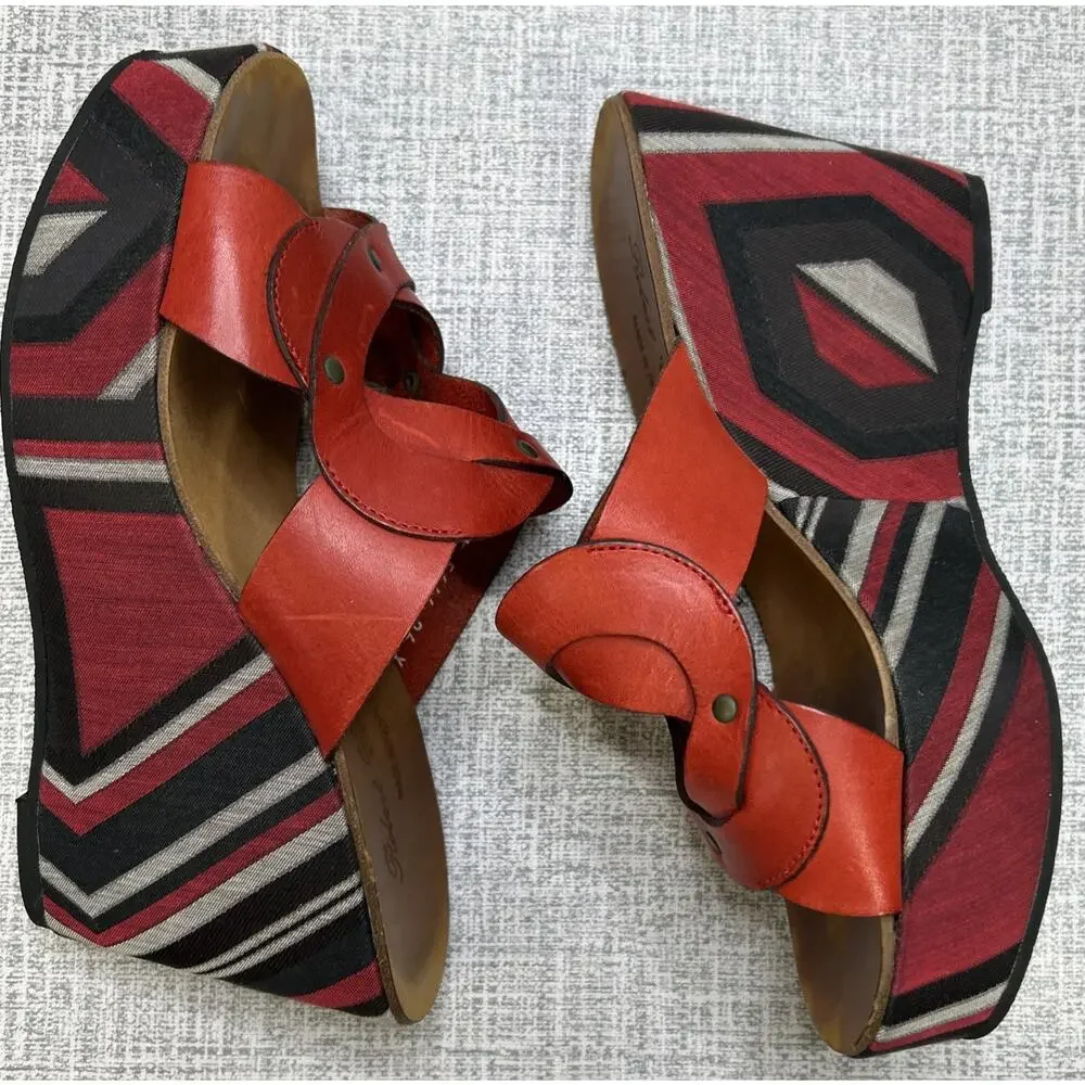 Robert Clergerie France Red Leather Sandals 7 Platform Wedge Slide Designer